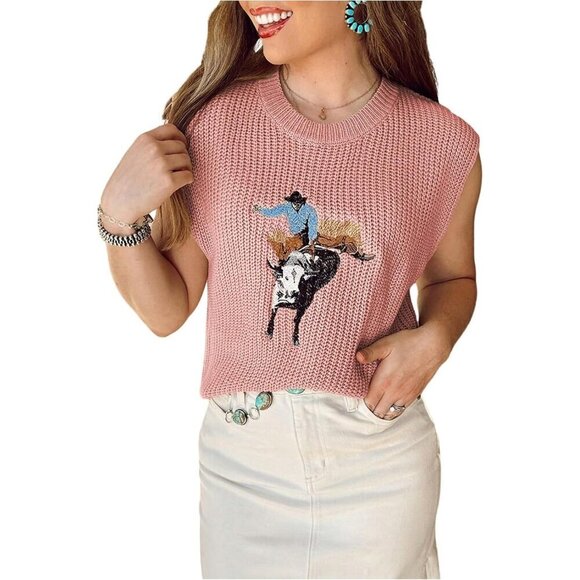 Sweaters - Women's Pink Western Embroidered Vest Crew Neck Cap Sleeve Pullover Sweater